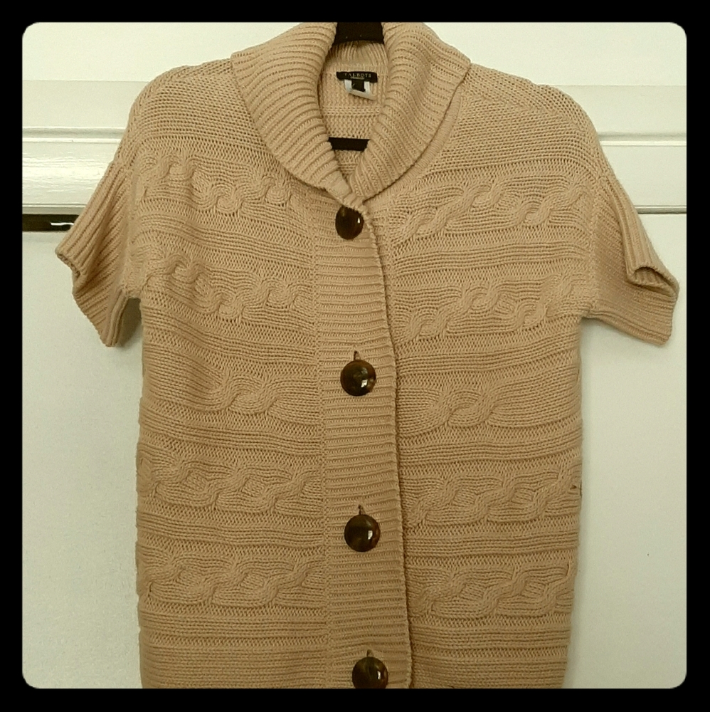 Talbots, short sleeve, tan button up sweater